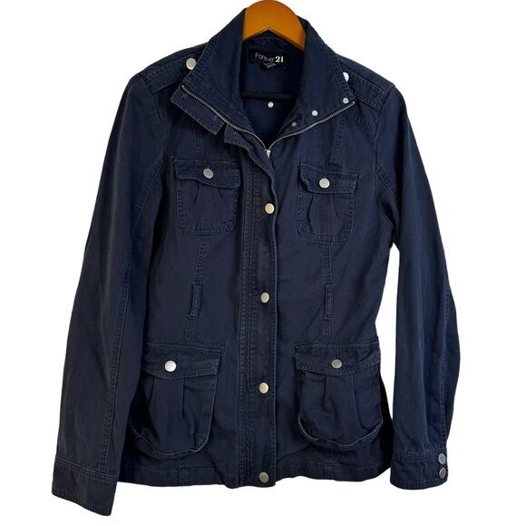 Forever 21 Navy Blue Cotton Utility Field Jacket Women’s Size 10 Button Flap - Picture 1 of 9